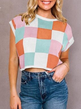 Amazon Colorblock Checkered Crop Sweater - Pink, Mint, Orange, White